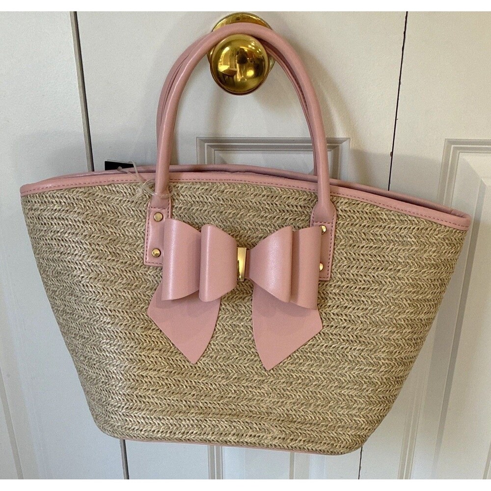 Like Dreams Beige Pink Tote Bag Zip Lined Inner Pockets Bow Detachable Strap